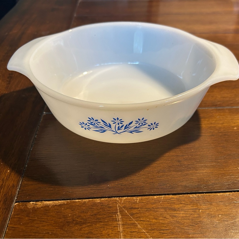 Vintage Anchor Hocking Fire King 8 inch casserole dish. Blue cornflower